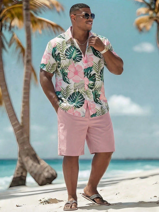 Naviga Onda Plus Size Men's Casual Printed Shirt & Shorts Beach Outfit,Pink,Summer,Boho,Beach,Holiday,Holiday,Vacation Resort Wear Hawaii Tropical Swim Bathing