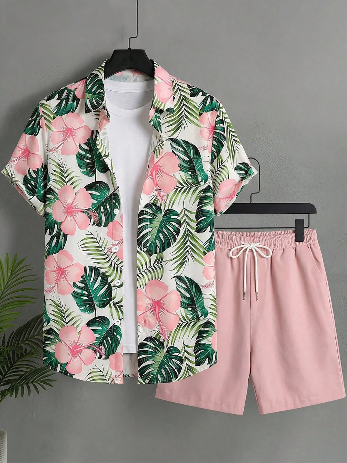 Naviga Onda Plus Size Men's Casual Printed Shirt & Shorts Beach Outfit,Pink,Summer,Boho,Beach,Holiday,Holiday,Vacation Resort Wear Hawaii Tropical Swim Bathing