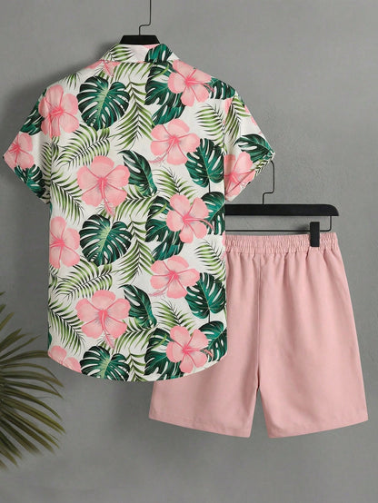 Naviga Onda Plus Size Men's Casual Printed Shirt & Shorts Beach Outfit,Pink,Summer,Boho,Beach,Holiday,Holiday,Vacation Resort Wear Hawaii Tropical Swim Bathing