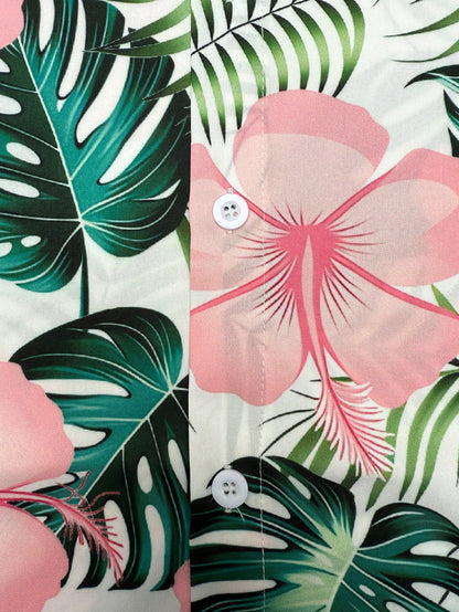 Naviga Onda Plus Size Men's Casual Printed Shirt & Shorts Beach Outfit,Pink,Summer,Boho,Beach,Holiday,Holiday,Vacation Resort Wear Hawaii Tropical Swim Bathing