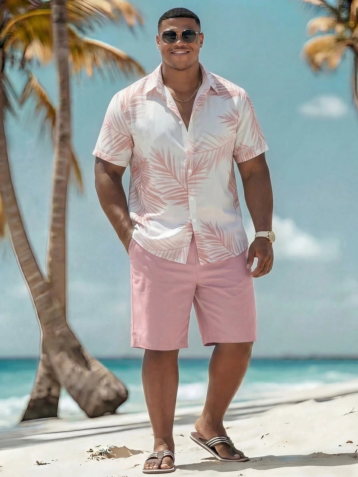 Naviga Onda Plus Size Men's Leaf Print Short Sleeve Top And Shorts Casual Holiday Beach Outfit Holiday/ Vacation/ Beach/ Hawaii/ Tropical/ Swim/ Bathing
