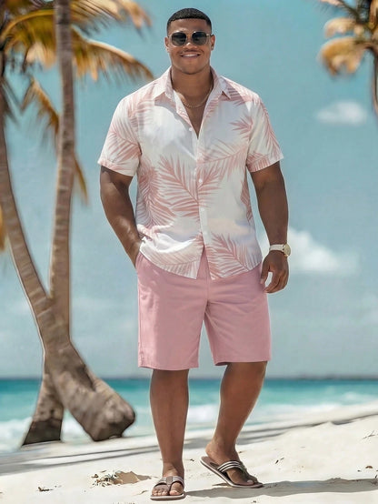 Naviga Onda Plus Size Men's Leaf Print Short Sleeve Top And Shorts Casual Holiday Beach Outfit Holiday/ Vacation/ Beach/ Hawaii/ Tropical/ Swim/ Bathing
