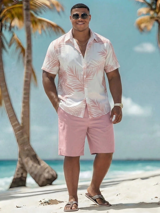Naviga Onda Plus Size Men's Leaf Print Short Sleeve Top And Shorts Casual Holiday Beach Outfit Holiday/ Vacation/ Beach/ Hawaii/ Tropical/ Swim/ Bathing