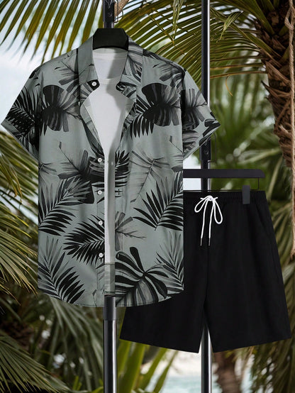 Naviga Onda Plus Size Men's Leaf Print Short Sleeve Top And Shorts Casual Holiday Beach Outfit Holiday/ Vacation/ Beach/ Hawaii/ Tropical/ Swim/ Bathing