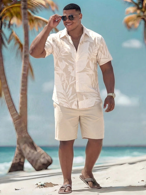 Naviga Onda Plus Size Men's Summer White Boho Beach Outfit,Plant Print Button-Front Shirt & Shorts Set,Resort Wear Cruise Holiday Vacation Tropical Outfits