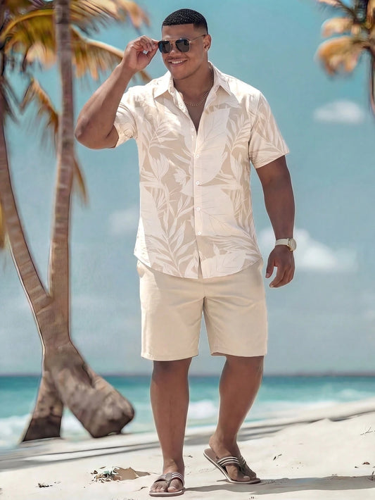 Naviga Onda Plus Size Men's Summer White Boho Beach Outfit,Plant Print Button-Front Shirt & Shorts Set,Resort Wear Cruise Holiday Vacation Tropical Outfits
