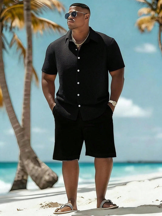Naviga Onda Plus Size Men Solid Color Short Sleeve Shirt And Shorts Set,Black Summer Tropical Vacation Outfit,Men's Beach Wear Holiday Outfits