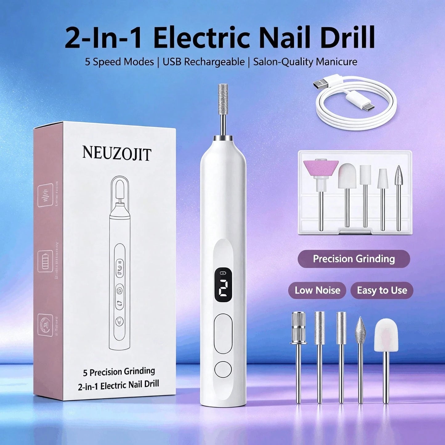 NEUZOJIT Low Noise Electric Nail Drill Machine, Integrated Mini UV Nail Lamp, Wireless Rechargeable Nail File Pen With Multiple Drill Bits For Gel Nail Remover And Shaper(148 Chars)