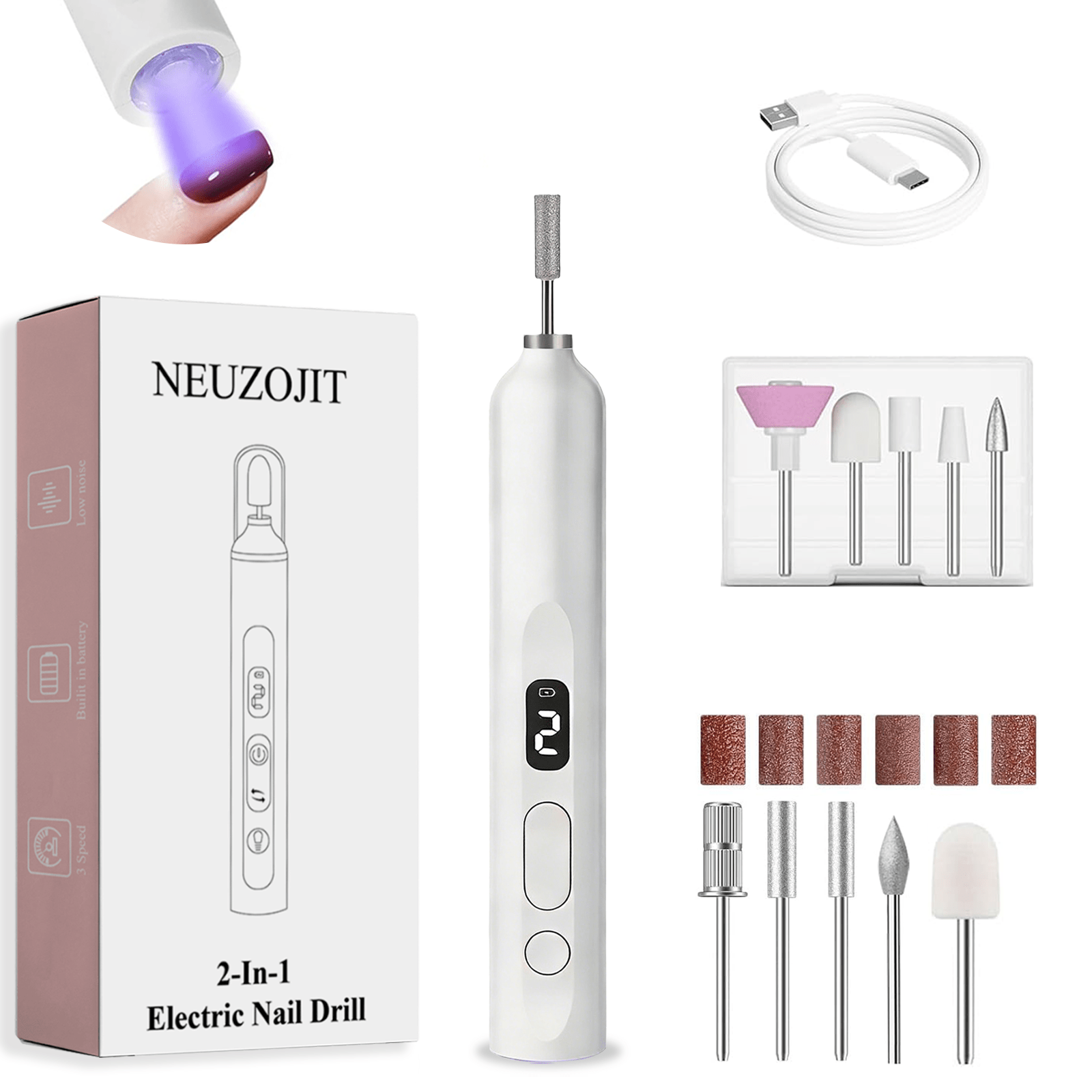NEUZOJIT Low Noise Electric Nail Drill Machine, Integrated Mini UV Nail Lamp, Wireless Rechargeable Nail File Pen With Multiple Drill Bits For Gel Nail Remover And Shaper(148 Chars)