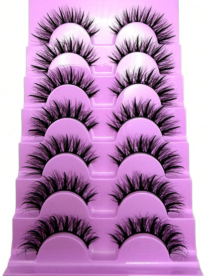 New 5D Fluffy Spiky False Eyelashes 7 Pairs 20mm Russian Style Strip Lashes, Wet Glossy Makeup Effect, Extension Look, Spiky Cartoon Lashes, Natural Soft Fluffy Faux Mink Lashes 3D Russian Voluminous