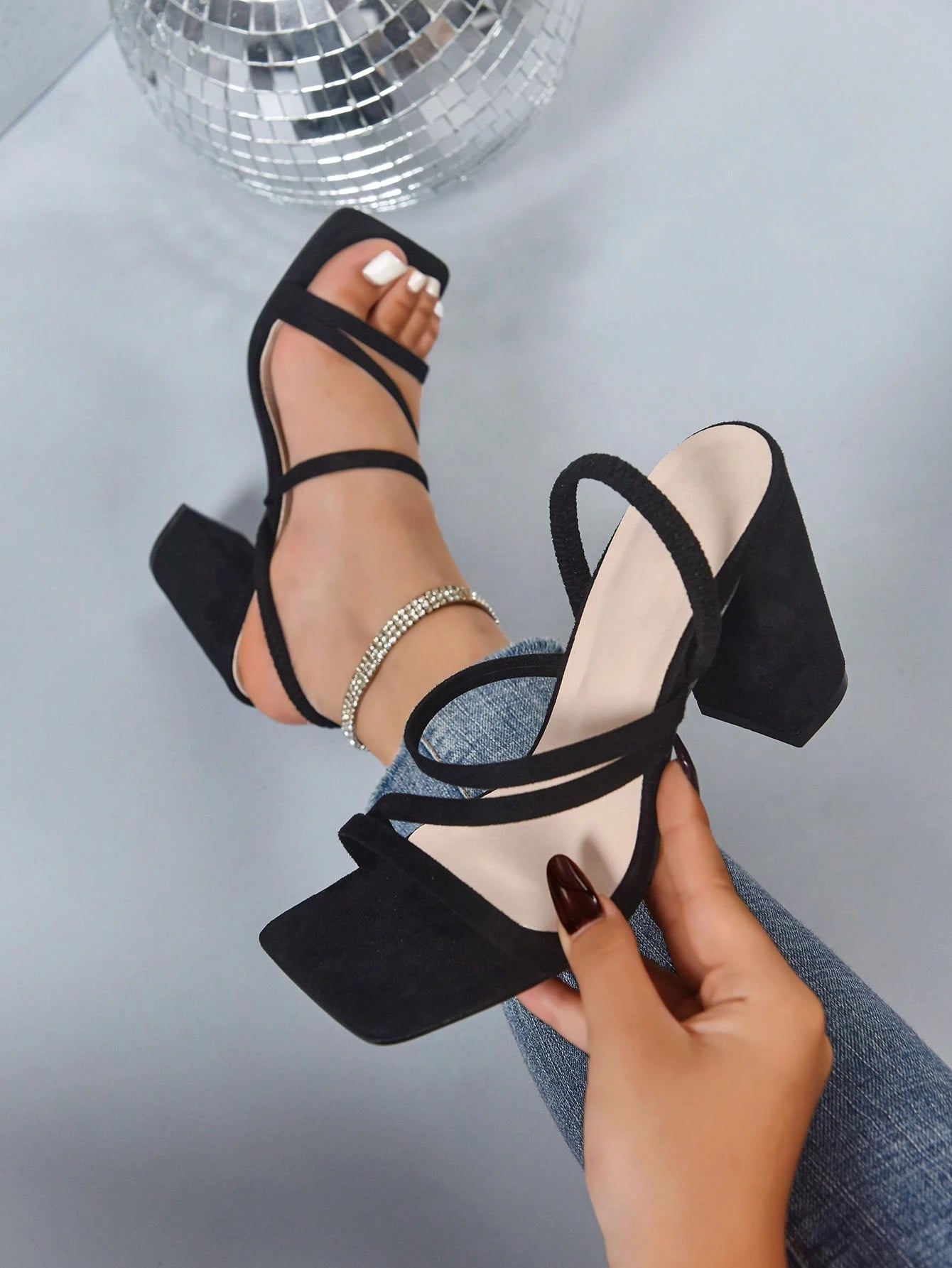 New Black Square Toe Retro Strap Thick Heels Gladiator Sandals For Womem,Elegant Women's Sandals,Women's Stylish Shoes Black Block Heeled Sandals