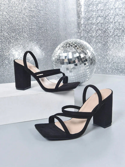 New Black Square Toe Retro Strap Thick Heels Gladiator Sandals For Womem,Elegant Women's Sandals,Women's Stylish Shoes Black Block Heeled Sandals