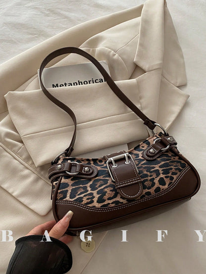 New Fashion Buckle Leopard Print Handheld Shoulder Bag, Suitable For Parties, Gatherings, Outings, Vacations, Shopping And Daily Use, Can Store Coins, Phones, Also As A Work Bag For White-Collar, Coll