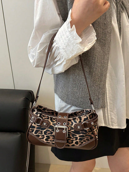 New Fashion Buckle Leopard Print Handheld Shoulder Bag, Suitable For Parties, Gatherings, Outings, Vacations, Shopping And Daily Use, Can Store Coins, Phones, Also As A Work Bag For White-Collar, Coll