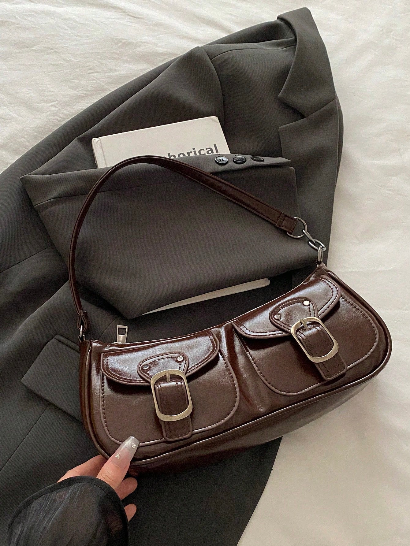 New Fashion Double Pocket Decor Handbag Tote Shoulder Bag, Suitable For Parties, Outings, Vacations, Shopping And Daily Use, Can Store Coins, Phones, Also Suitable As A Work Bag For White-Collar, Coll