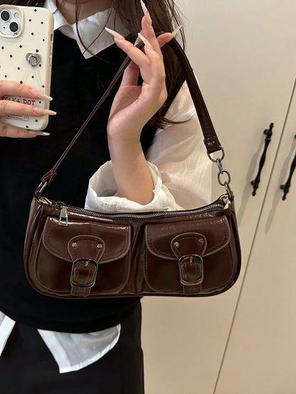 New Fashion Double Pocket Decor Handbag Tote Shoulder Bag, Suitable For Parties, Outings, Vacations, Shopping And Daily Use, Can Store Coins, Phones, Also Suitable As A Work Bag For White-Collar, Coll