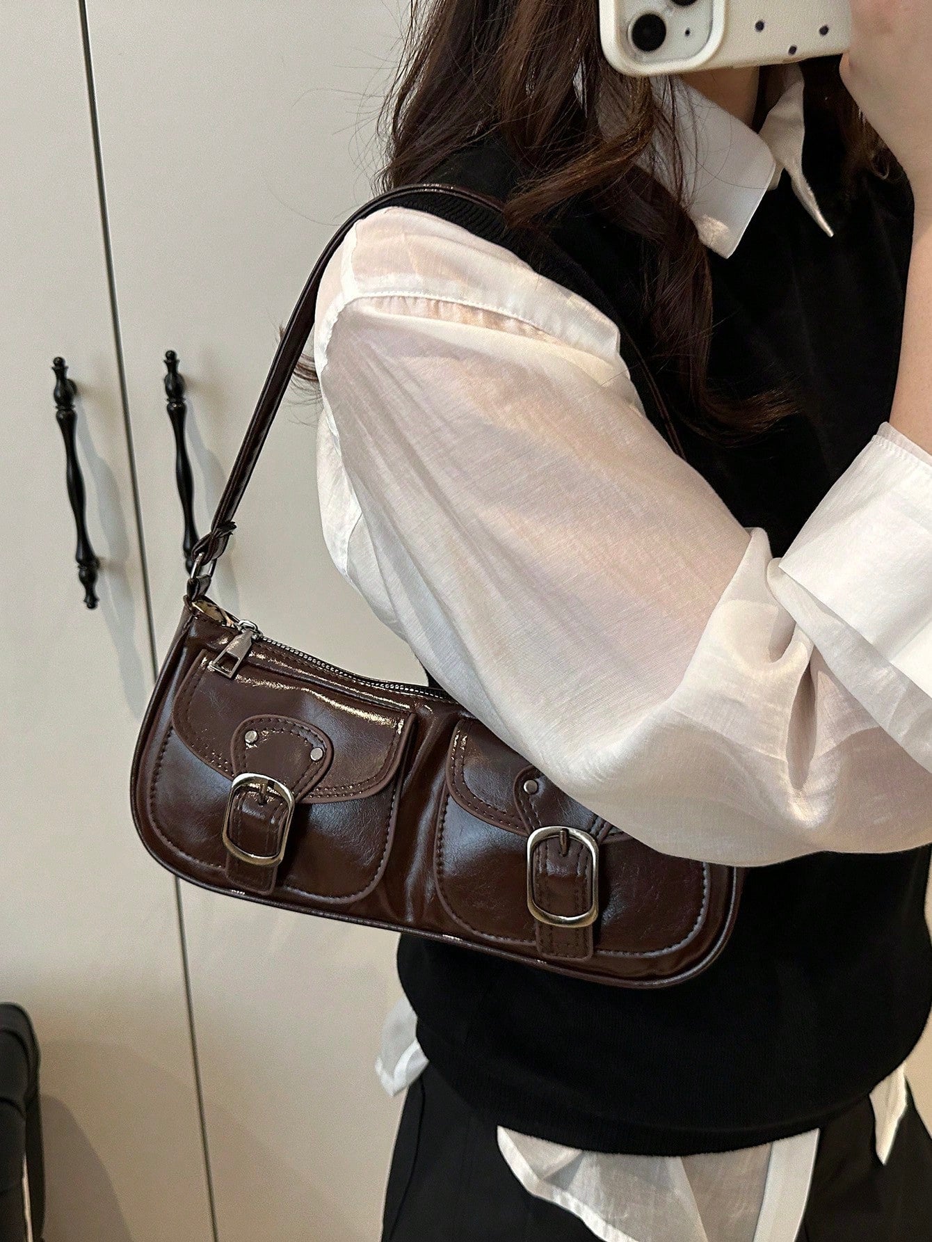 New Fashion Double Pocket Decor Handbag Tote Shoulder Bag, Suitable For Parties, Outings, Vacations, Shopping And Daily Use, Can Store Coins, Phones, Also Suitable As A Work Bag For White-Collar, Coll