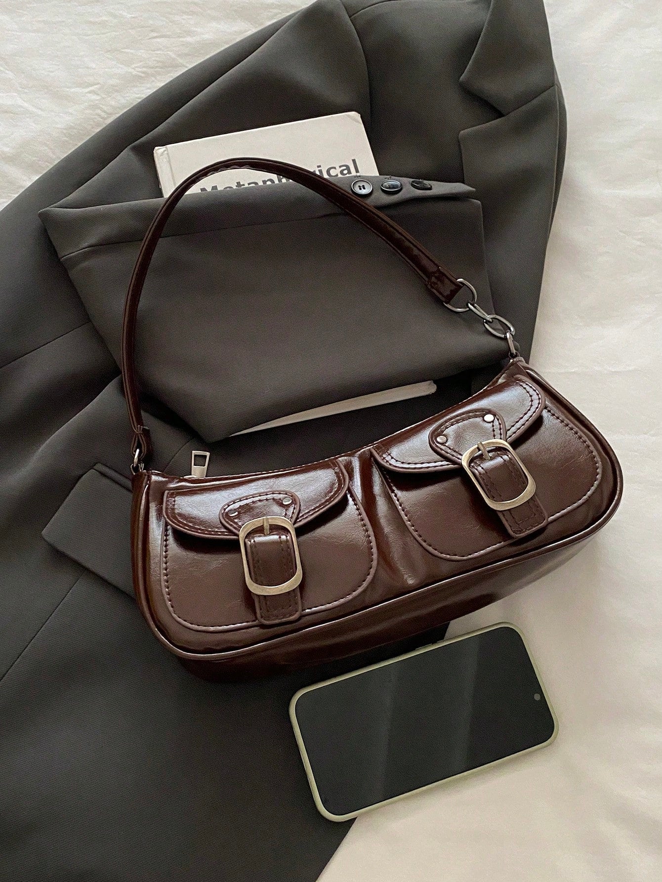 New Fashion Double Pocket Decor Handbag Tote Shoulder Bag, Suitable For Parties, Outings, Vacations, Shopping And Daily Use, Can Store Coins, Phones, Also Suitable As A Work Bag For White-Collar, Coll