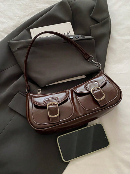 New Fashion Double Pocket Decor Handbag Tote Shoulder Bag, Suitable For Parties, Outings, Vacations, Shopping And Daily Use, Can Store Coins, Phones, Also Suitable As A Work Bag For White-Collar, Coll