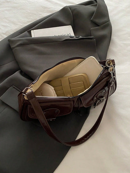 New Fashion Double Pocket Decor Handbag Tote Shoulder Bag, Suitable For Parties, Outings, Vacations, Shopping And Daily Use, Can Store Coins, Phones, Also Suitable As A Work Bag For White-Collar, Coll