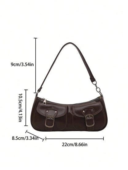 New Fashion Double Pocket Decor Handbag Tote Shoulder Bag, Suitable For Parties, Outings, Vacations, Shopping And Daily Use, Can Store Coins, Phones, Also Suitable As A Work Bag For White-Collar, Coll