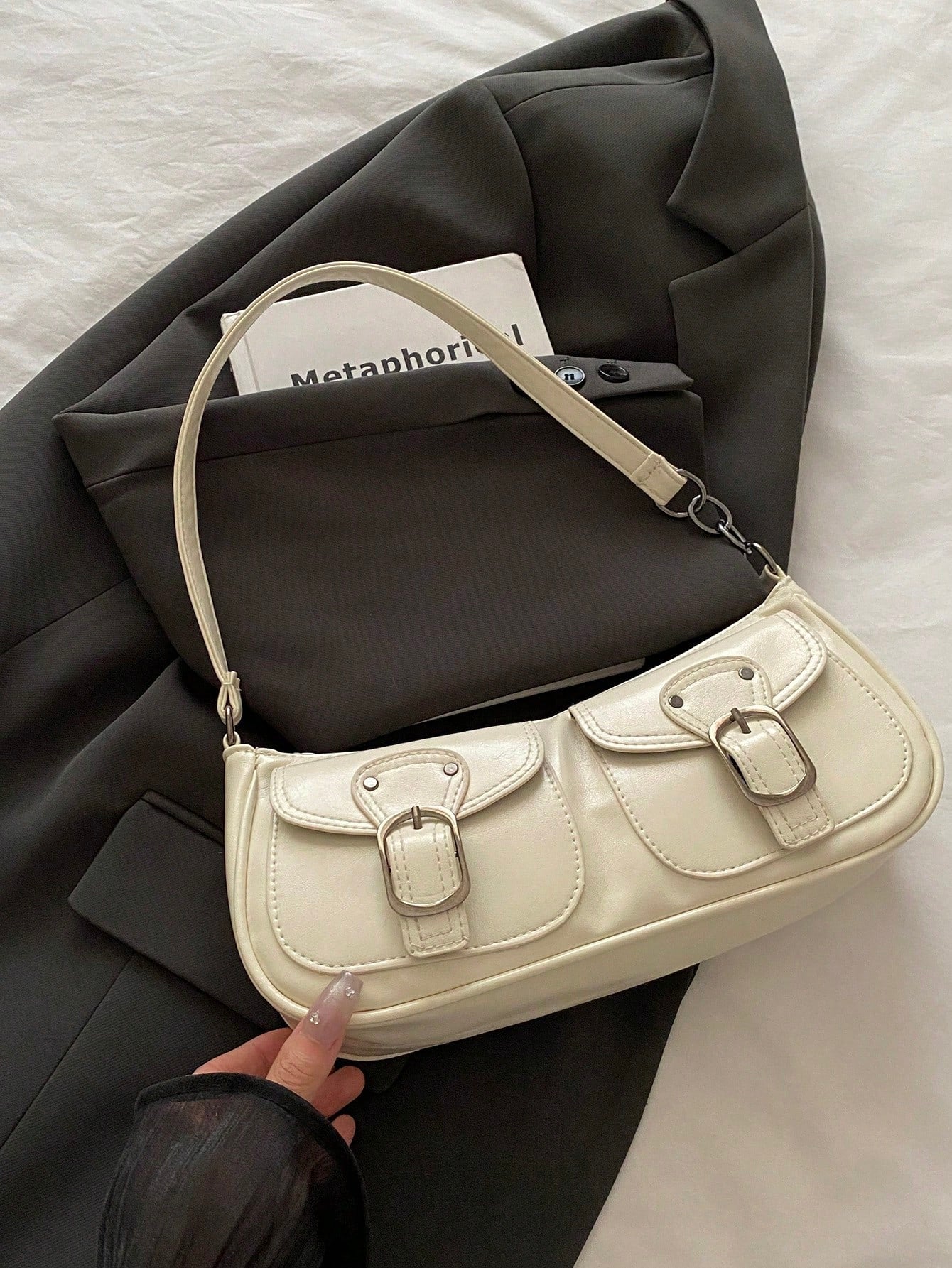New Fashion Double Pocket Decor Handbag Tote Shoulder Bag, Suitable For Parties, Outings, Vacations, Shopping And Daily Use, Can Store Coins, Phones, Also Suitable As A Work Bag For White-Collar, Coll