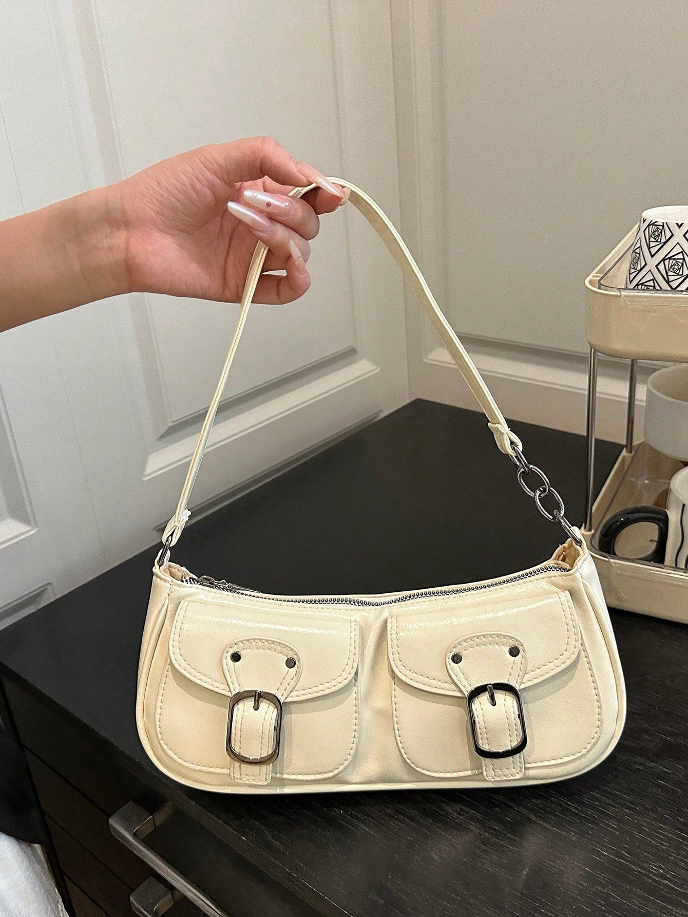 New Fashion Double Pocket Decor Handbag Tote Shoulder Bag, Suitable For Parties, Outings, Vacations, Shopping And Daily Use, Can Store Coins, Phones, Also Suitable As A Work Bag For White-Collar, Coll