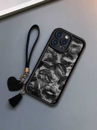 New High-End Textured Thick Anti-Drop Lip Print Phone Case With Detachable Leather Heart-Shaped Wrist Strap DIY Phone Charm, Tassel Pendant, Short Wristlet,International Version, Not The Domestic Vers