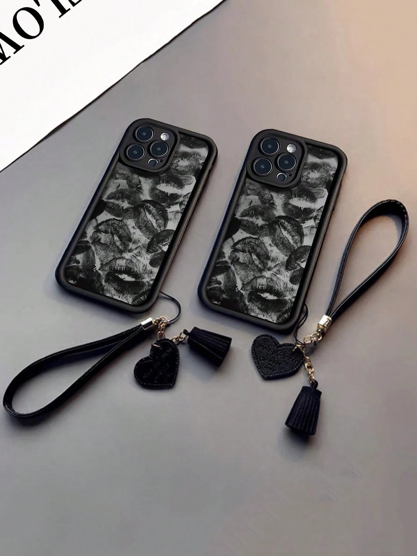 New High-End Textured Thick Anti-Drop Lip Print Phone Case With Detachable Leather Heart-Shaped Wrist Strap DIY Phone Charm, Tassel Pendant, Short Wristlet,International Version, Not The Domestic Vers