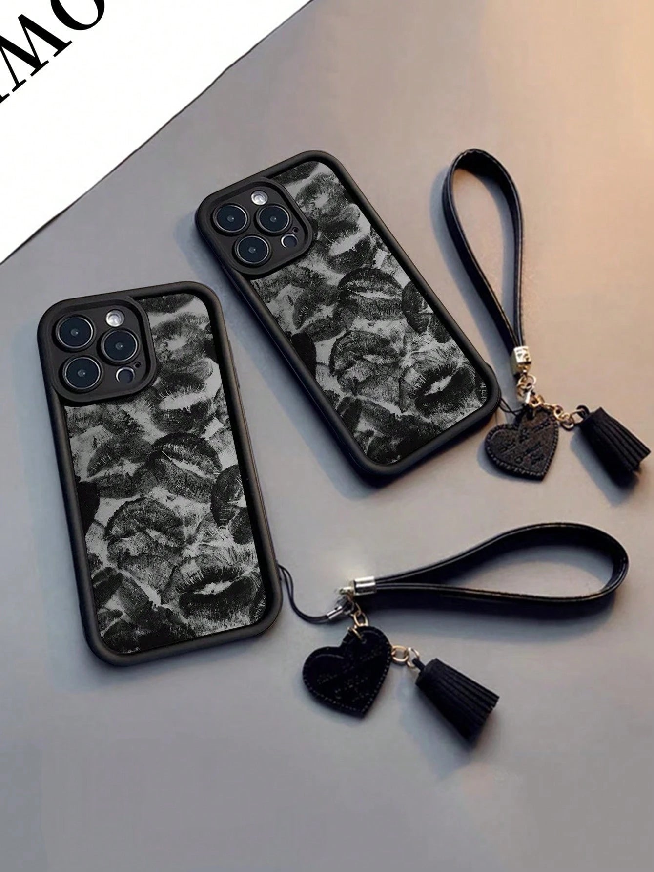 New High-End Textured Thick Anti-Drop Lip Print Phone Case With Detachable Leather Heart-Shaped Wrist Strap DIY Phone Charm, Tassel Pendant, Short Wristlet,International Version, Not The Domestic Vers