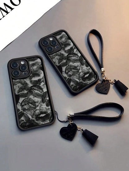 New High-End Textured Thick Anti-Drop Lip Print Phone Case With Detachable Leather Heart-Shaped Wrist Strap DIY Phone Charm, Tassel Pendant, Short Wristlet,International Version, Not The Domestic Vers