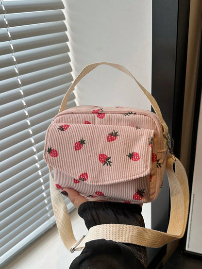 New Minimalist Fashion Strawberry Print Mini Handbag, Square Design, 3D Exterior Pocket, Zipper Closure, Adjustable Long Shoulder Strap, Lightweight & Compact, Crossbody Suitable For Women & Students