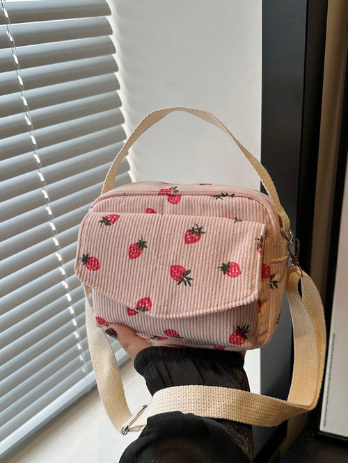 New Minimalist Fashion Strawberry Print Mini Handbag, Square Design, 3D Exterior Pocket, Zipper Closure, Adjustable Long Shoulder Strap, Lightweight & Compact, Crossbody Suitable For Women & Students