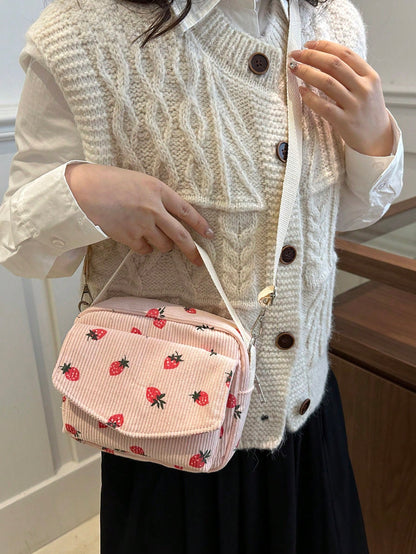New Minimalist Fashion Strawberry Print Mini Handbag, Square Design, 3D Exterior Pocket, Zipper Closure, Adjustable Long Shoulder Strap, Lightweight & Compact, Crossbody Suitable For Women & Students