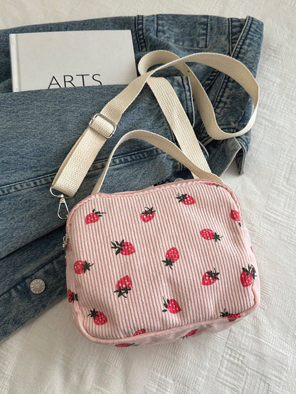 New Minimalist Fashion Strawberry Print Mini Handbag, Square Design, 3D Exterior Pocket, Zipper Closure, Adjustable Long Shoulder Strap, Lightweight & Compact, Crossbody Suitable For Women & Students