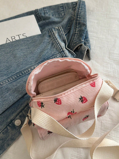 New Minimalist Fashion Strawberry Print Mini Handbag, Square Design, 3D Exterior Pocket, Zipper Closure, Adjustable Long Shoulder Strap, Lightweight & Compact, Crossbody Suitable For Women & Students