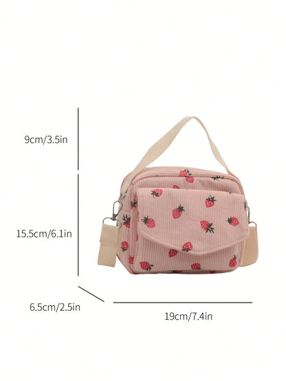 New Minimalist Fashion Strawberry Print Mini Handbag, Square Design, 3D Exterior Pocket, Zipper Closure, Adjustable Long Shoulder Strap, Lightweight & Compact, Crossbody Suitable For Women & Students