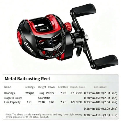 New OKUMA Metal Baitcasting Reel 7.2:1 Ratio 8KG Drag 12 Level Magnetic Brake Carbon Fiber Pad Fresh Saltwater Bass Fishing Gear