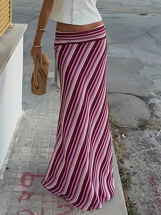 New Stylish Elegant Knitted Fabric Printed Striped Maxi Skirt, Suitable For Beach, Holiday, Daily Wear, Travel Pink Spring