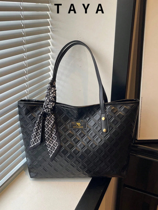 New Vintage Fashion Embossed Diamond Quilted Tote Bag, Zipper Closure, With Silk Scarf Decoration, Lightweight Minimalist, Large Capacity Shoulder Bag, Suitable For Women's Daily Life, Casual, Commute