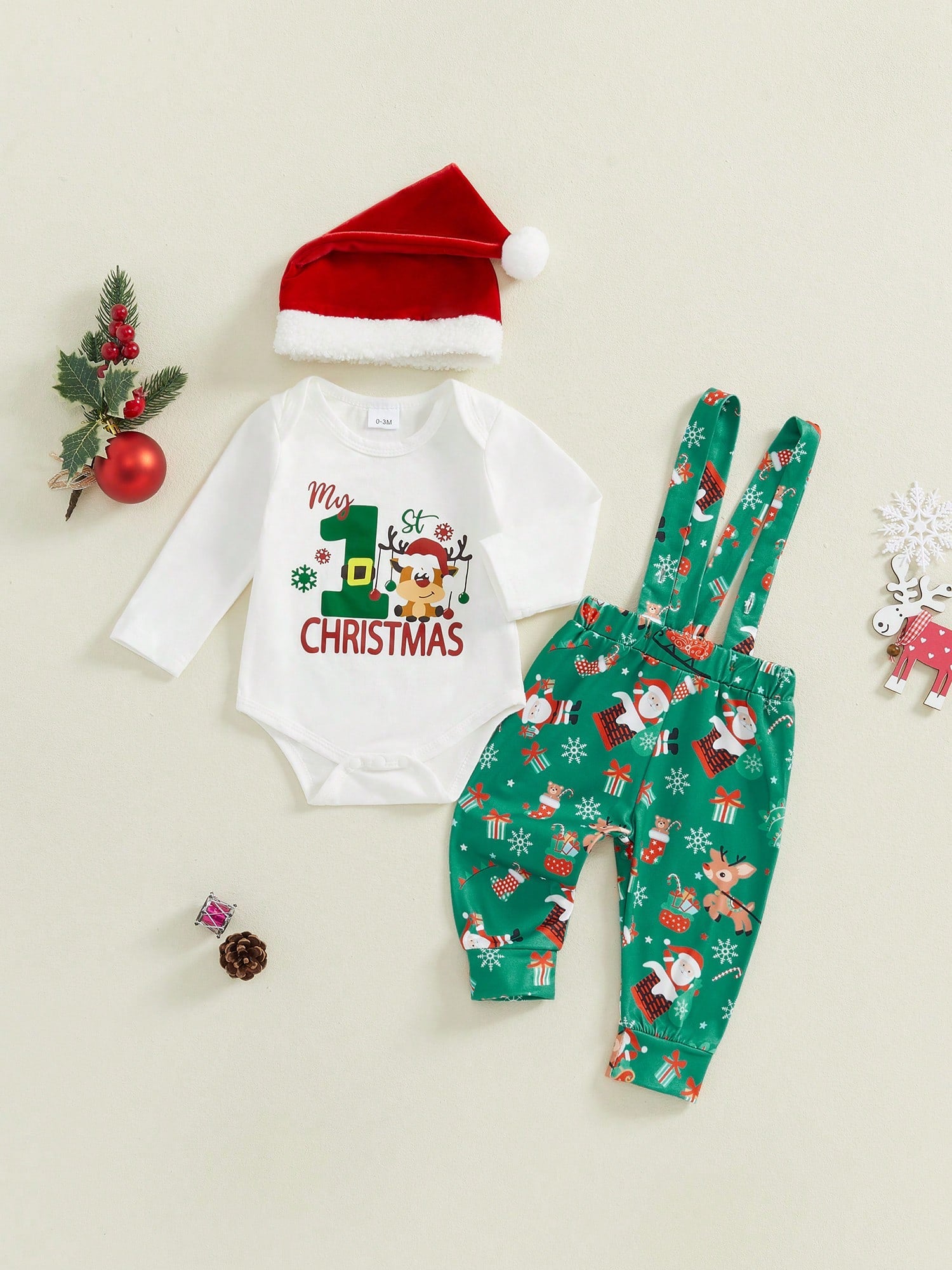 Newborn Baby Boy Christmas Outfit My First Christmas Romper Suspender Pants Overalls 3pcs Xmas Clothes Set