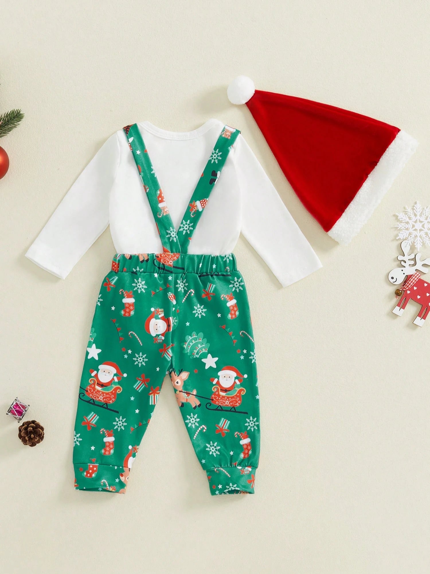 Newborn Baby Boy Christmas Outfit My First Christmas Romper Suspender Pants Overalls 3pcs Xmas Clothes Set