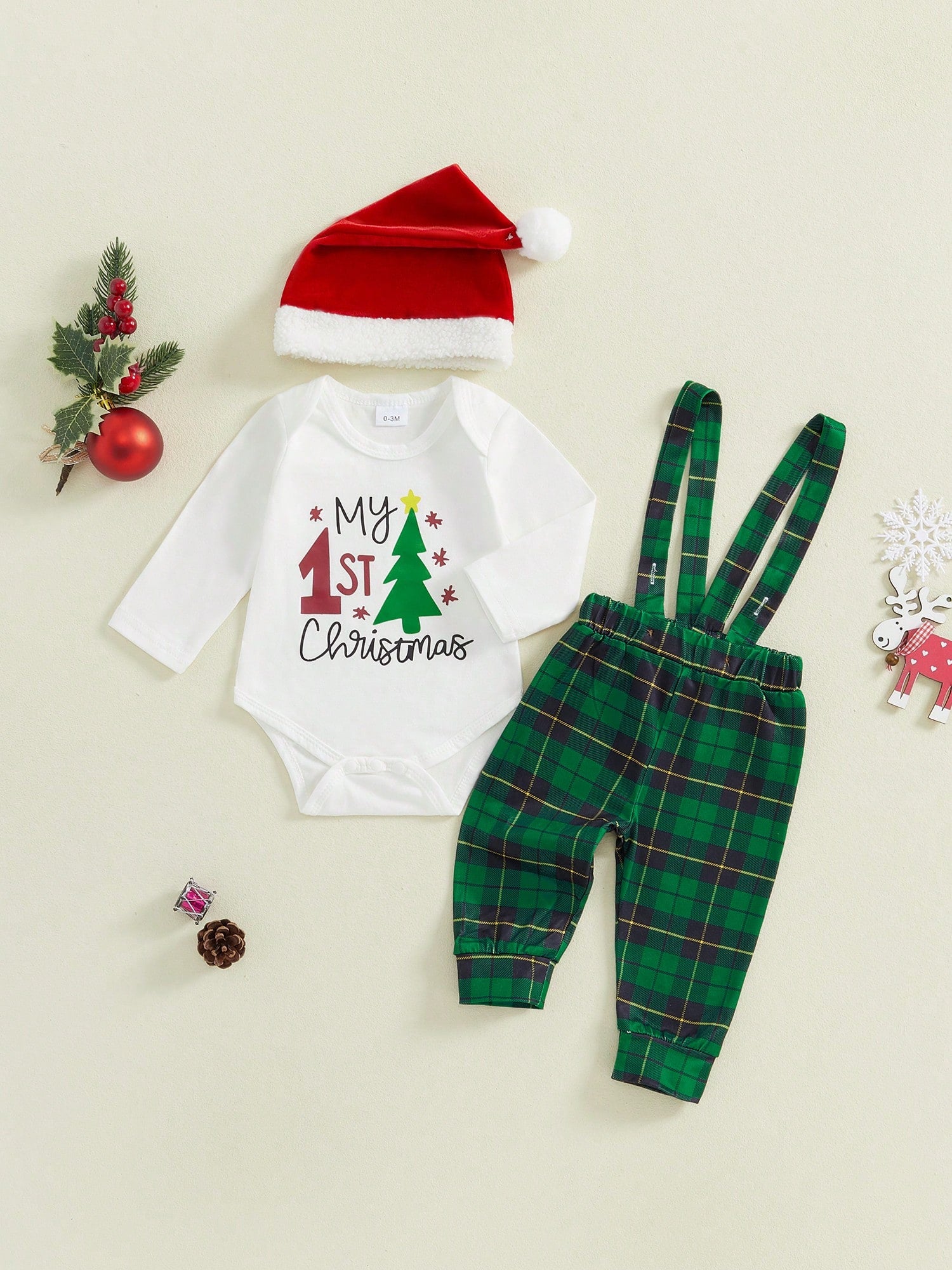 Newborn Baby Boy Christmas Outfit My First Christmas Romper Suspender Pants Overalls 3pcs Xmas Clothes Set
