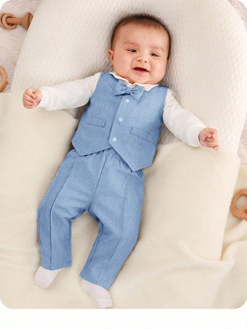 Newborn Baby Boys' Lightweight 3-Piece Set Including Bowtie Bodysuit, Vest And Pants
