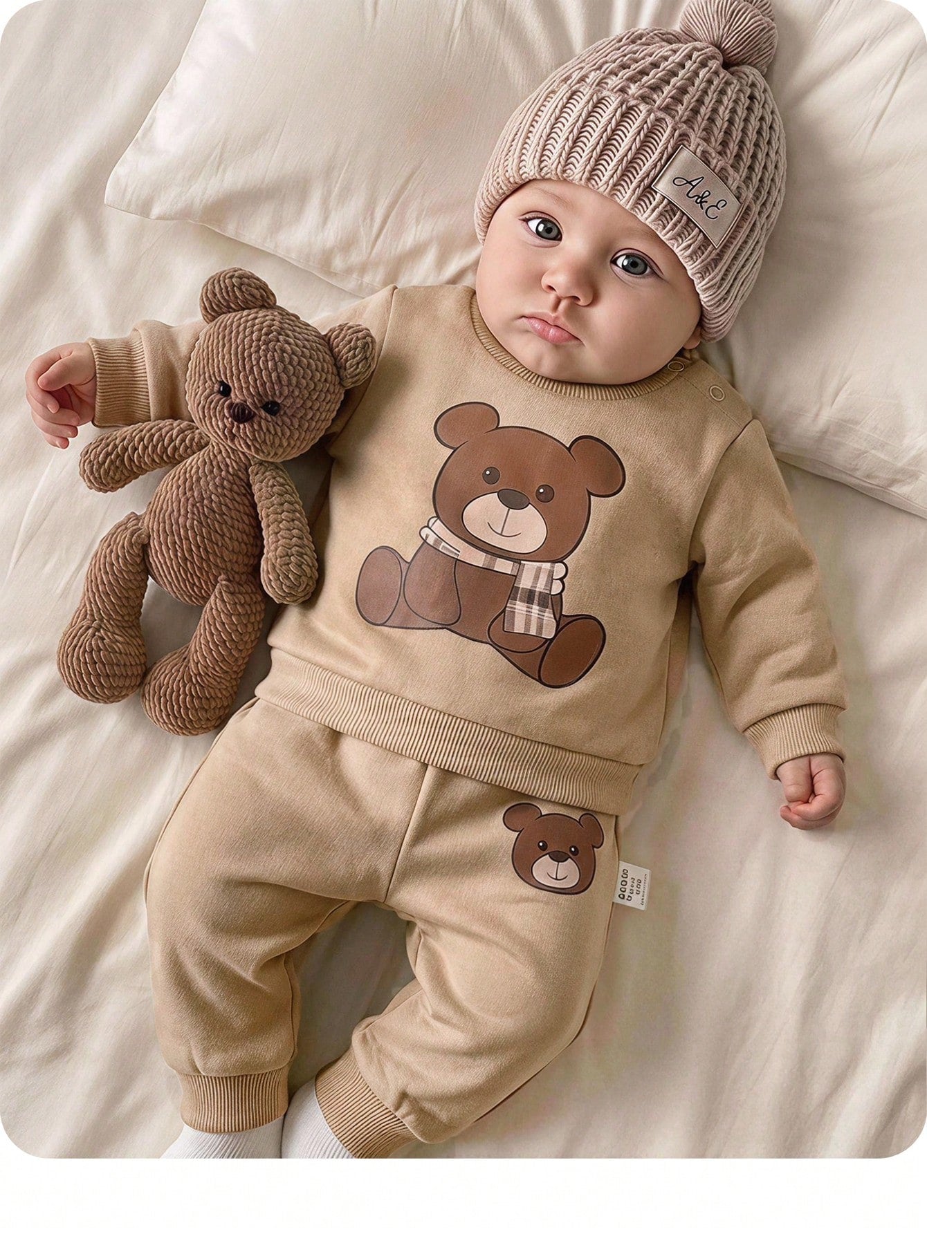 Newborn Baby Girl Cute Autumn Holiday Beige Cartoon Bear Sweatshirt And Winter Pants Set,Camel Long Sleeve Neutral Unisex Mocha Brown Clothes
