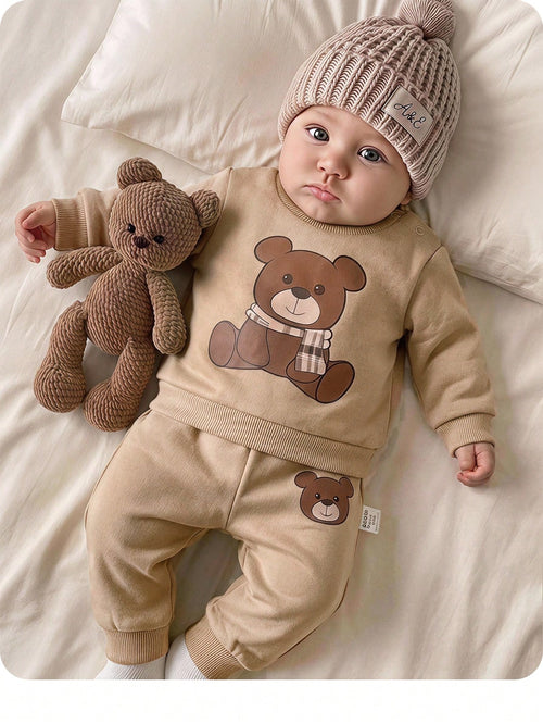 Newborn Baby Girl Cute Autumn Holiday Beige Cartoon Bear Sweatshirt And Winter Pants Set,Camel Long Sleeve Neutral Unisex Mocha Brown Clothes