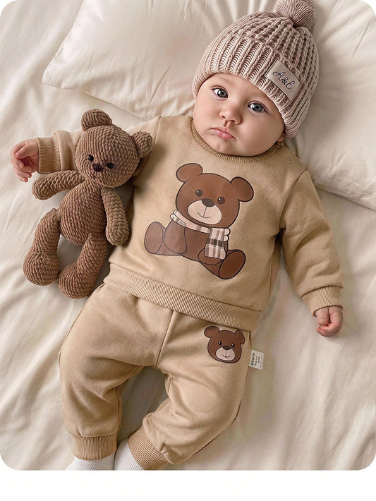 Newborn Baby Girl Cute Autumn Holiday Beige Cartoon Bear Sweatshirt And Winter Pants Set,Camel Long Sleeve Neutral Unisex Mocha Brown Clothes
