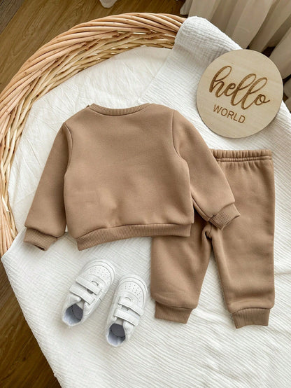 Newborn Baby Girl Cute Autumn Holiday Beige Cartoon Bear Sweatshirt And Winter Pants Set,Camel Long Sleeve Neutral Unisex Mocha Brown Clothes