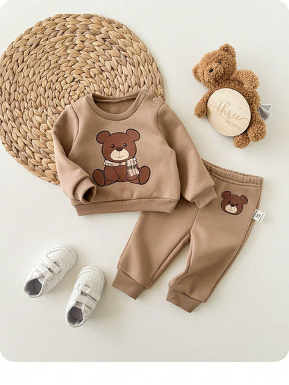 Newborn Baby Girl Cute Autumn Holiday Beige Cartoon Bear Sweatshirt And Winter Pants Set,Camel Long Sleeve Neutral Unisex Mocha Brown Clothes