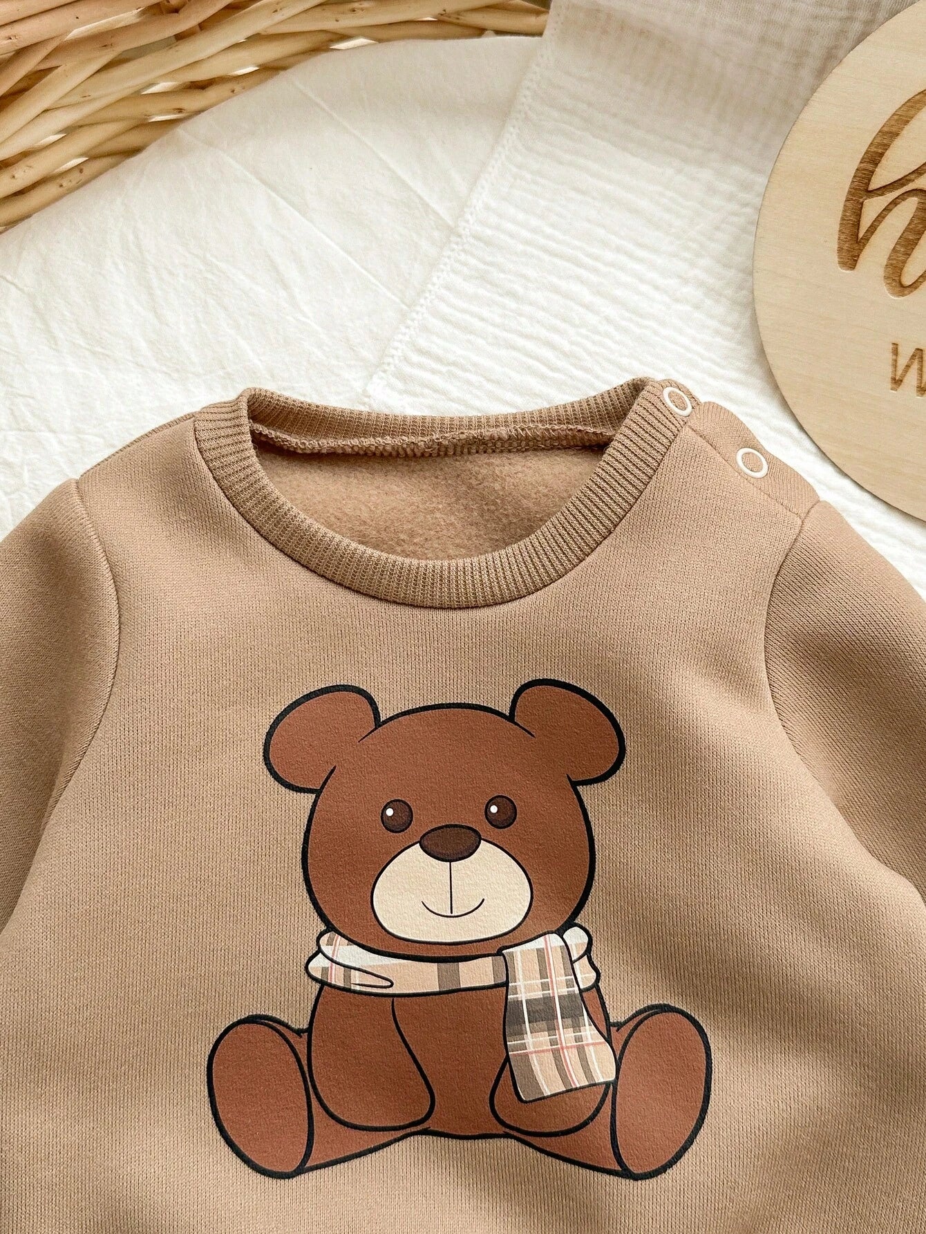 Newborn Baby Girl Cute Autumn Holiday Beige Cartoon Bear Sweatshirt And Winter Pants Set,Camel Long Sleeve Neutral Unisex Mocha Brown Clothes